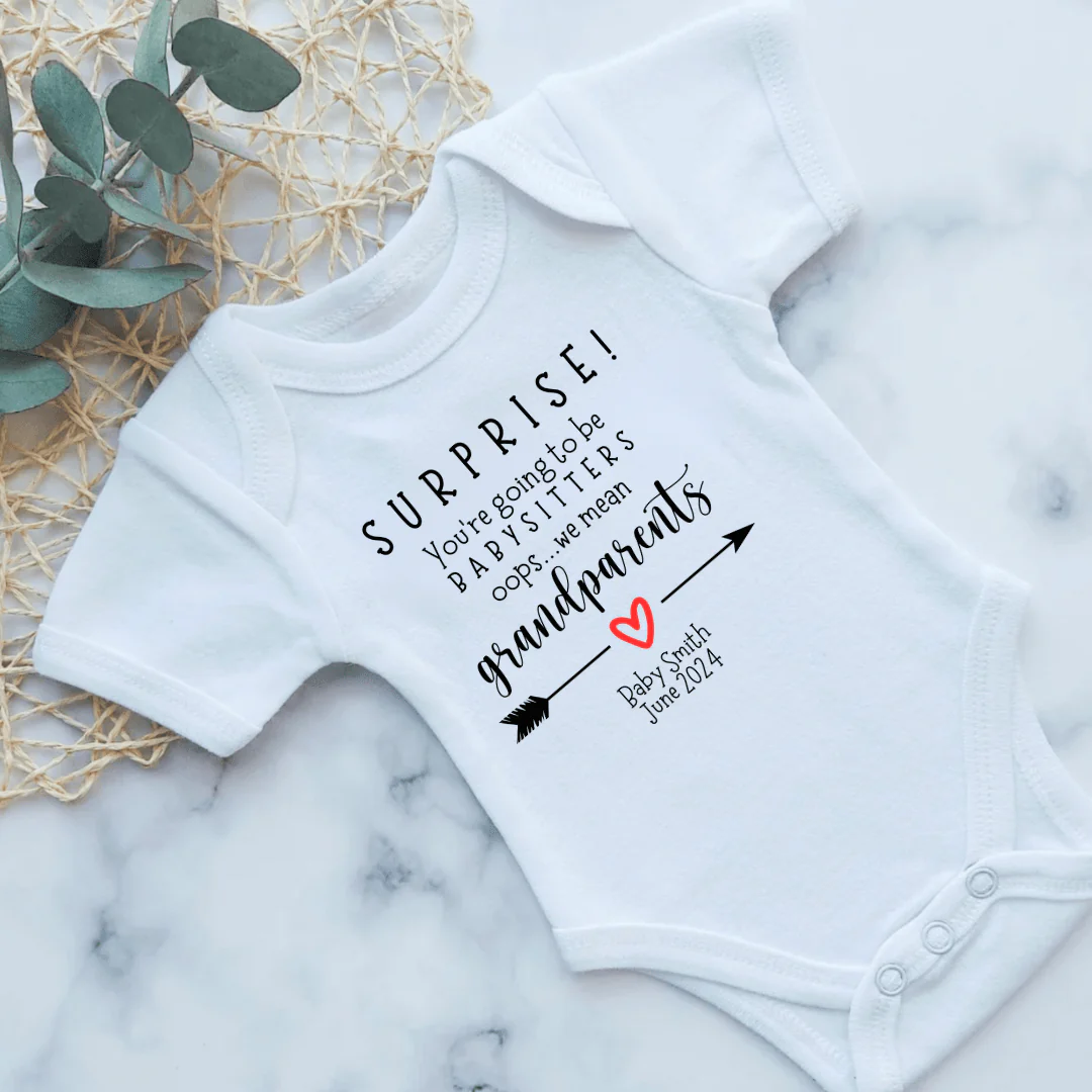 Grandparents Pregnancy Announcement Baby Onesie – “Surprise! You’re Going to Be Grandparents”